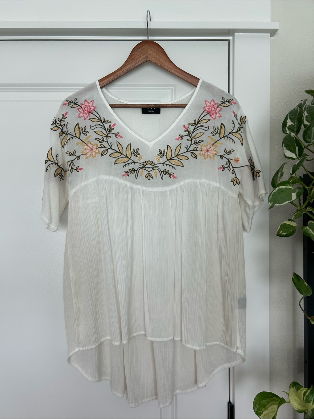 Vici Cream V-Neck Tunic with Pink & Gold Floral Embroidery